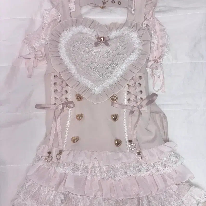 [BUNJANG] Lizlisa Heart Apron Jumper Skirt Set Pink / 리즈리사 하트 에이프런 점퍼스커트 셋업 핑크