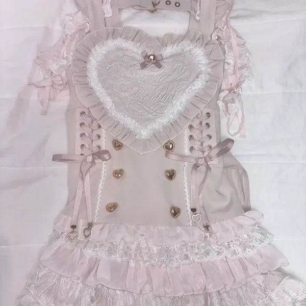 [BUNJANG] Lizlisa Heart Apron Jumper Skirt Set Pink / 리즈리사 하트 에이프런 점퍼스커트 셋업 핑크