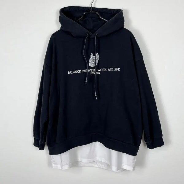 [BUNJANG] Life Work Layered Hoodie Black - Unisex F / 라이프워크 레이어드 후드티 블랙 맨투맨 F 라덴 빈티지