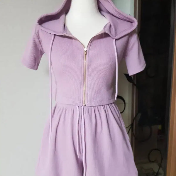 [BUNJANG] Purple Short-Sleeve Hoodie and Shorts Set / 퍼플 반팔 후드집업 세트