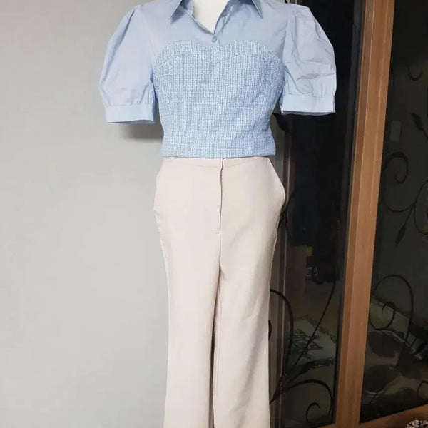 [BUNJANG] Blue Shirt and Beige Cropped Slacks Set (M Size) / 블루 셔츠 크롭 베이지슬랙스m세트