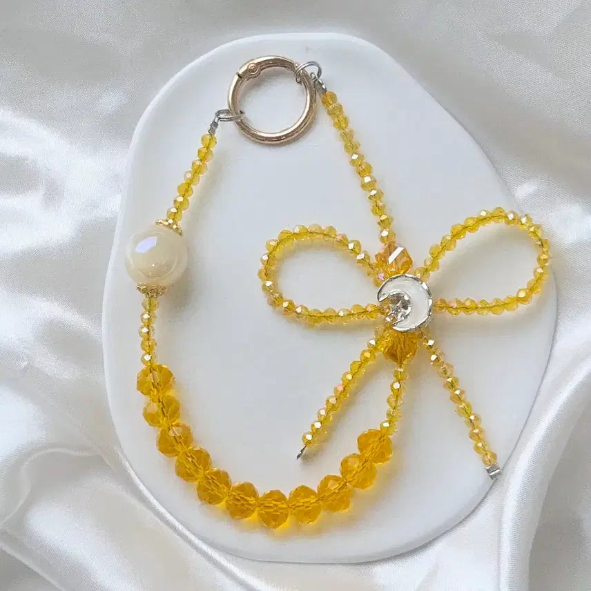 [BUNJANG] Moon and Yellow Gem Ribbon Charm Beaded Keychain / 달 옐로우 리본 보석 비즈 키링