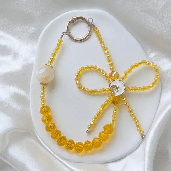 [BUNJANG] Moon and Yellow Gem Ribbon Charm Beaded Keychain / 달 옐로우 리본 보석 비즈 키링