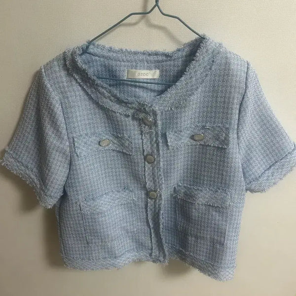 [BUNJANG] Tweed Short Sleeve Jacket - Blue / 트위드 반팔 자켓 블루