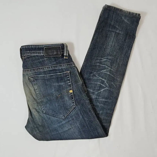[BUNJANG] DIESEL Leather Patch Distressed Wash Denim Pants 32 / 디젤 DIESEL 가죽패치 데님팬츠 데미지 워싱 진 DNA 스판밴딩 32
