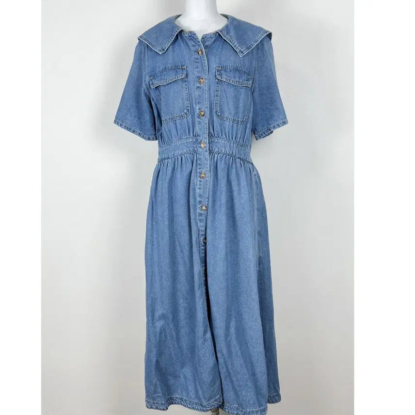 [BUNJANG] Plastic Island Denim Sailor Long Dress Women's M / 플라스틱 아일랜드 청 세일러 롱 원피스 여M 라덴 빈티지