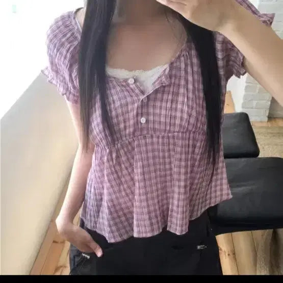 [BUNJANG] Checkered Puff Sleeve Blouse - Pink / 체크무늬 퍼프소매 블라우스 핑크