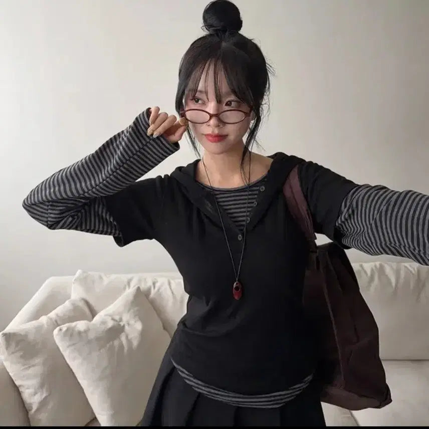 [BUNJANG] Layered Hood Long Sleeve T-Shirt / 팔뚝커버 레이어드 후드 반팔 일체형 긴팔티 [빅사이즈/통통제작]