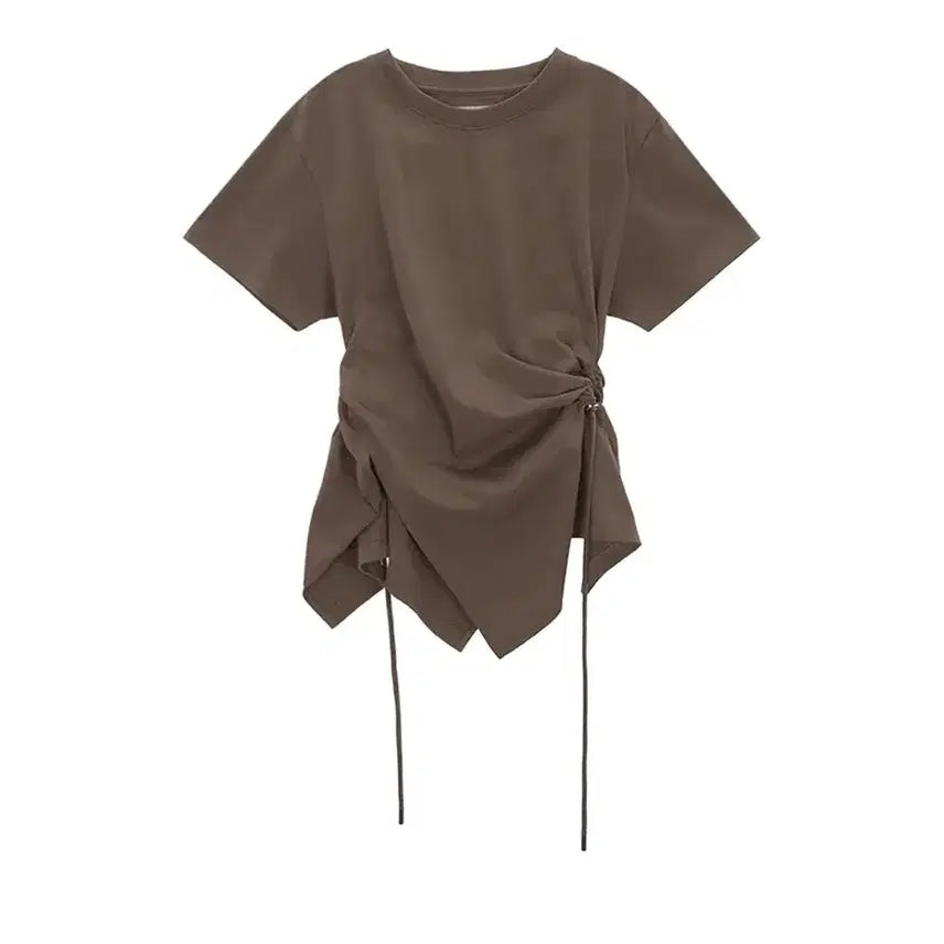 [BUNJANG] Matinkim Side Shirring String Short Sleeve T-shirt Khaki Brown / 마뗑킴 사이드 셔링 스트링 반팔 티셔츠 카키브라운