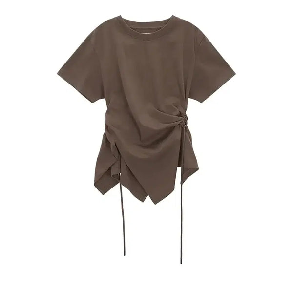 [BUNJANG] Matinkim Side Shirring String Short Sleeve T-shirt Khaki Brown / 마뗑킴 사이드 셔링 스트링 반팔 티셔츠 카키브라운
