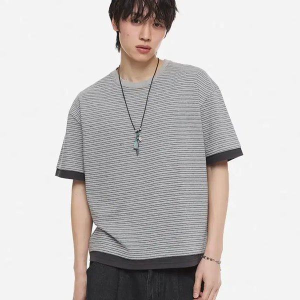 [BUNJANG] DNSR Stripe Crop Short-Sleeve T-Shirt Gray / DNSR 스트라이프 크롭 반팔티 그레이 판매
