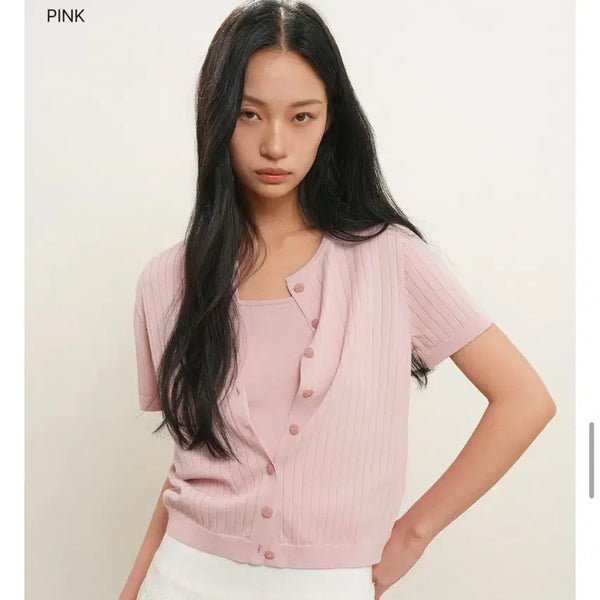 [BUNJANG] General Idea Temperature Cut Crewneck Half Cardigan Pink M / 제너럴아이디어 온도컷 크루넥 하프 가디건