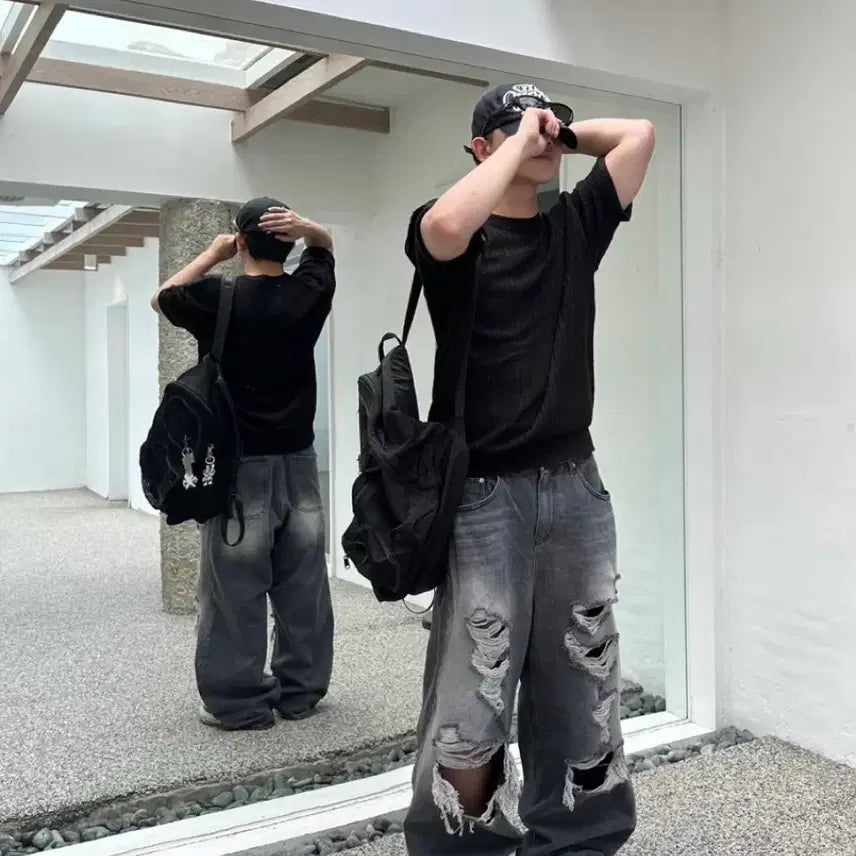 [BUNJANG] Dans Studio Shattered Cut Damage Denim Pants Black / 단스튜디오 샤터드컷 데미지 데님 팬츠 Black