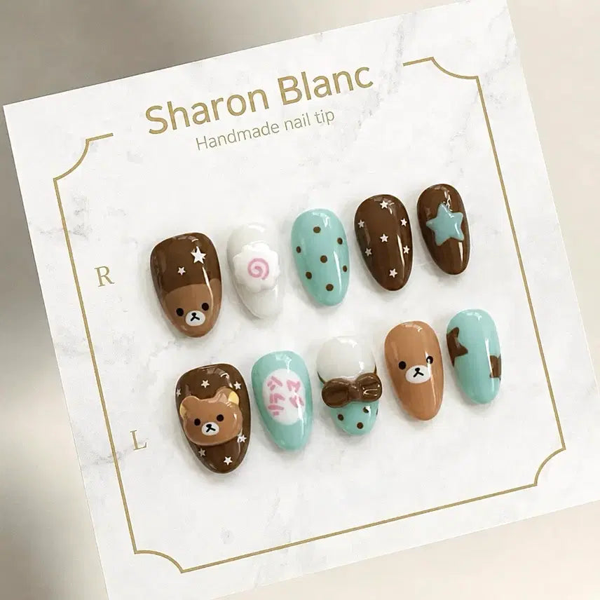 [BUNJANG] Sharon Blanc Handmade Nail Tips - Mint Rilakkuma Korilakkuma Design (15 Shape Options) / 민트 리락쿠마 코리락쿠마 네일팁 / 15종 쉐입