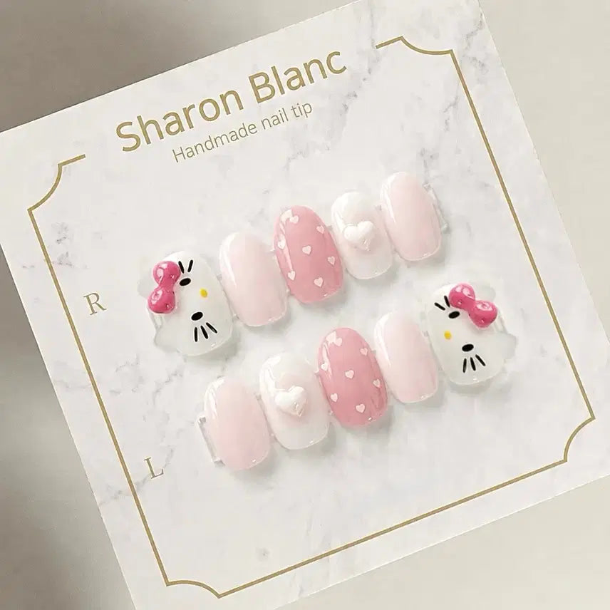 [BUNJANG] Pink Polka Dot Kitty Nail Tips - 15 Shapes / 핑크 가로키티 도트 네일팁 / 15종 쉐입
