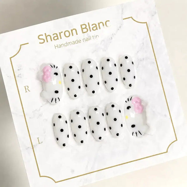 [BUNJANG] White Garrow Kitty Dot Nail Tips - 15 Shapes / 화이트 가로키티 도트 네일팁 / 15종 쉐입