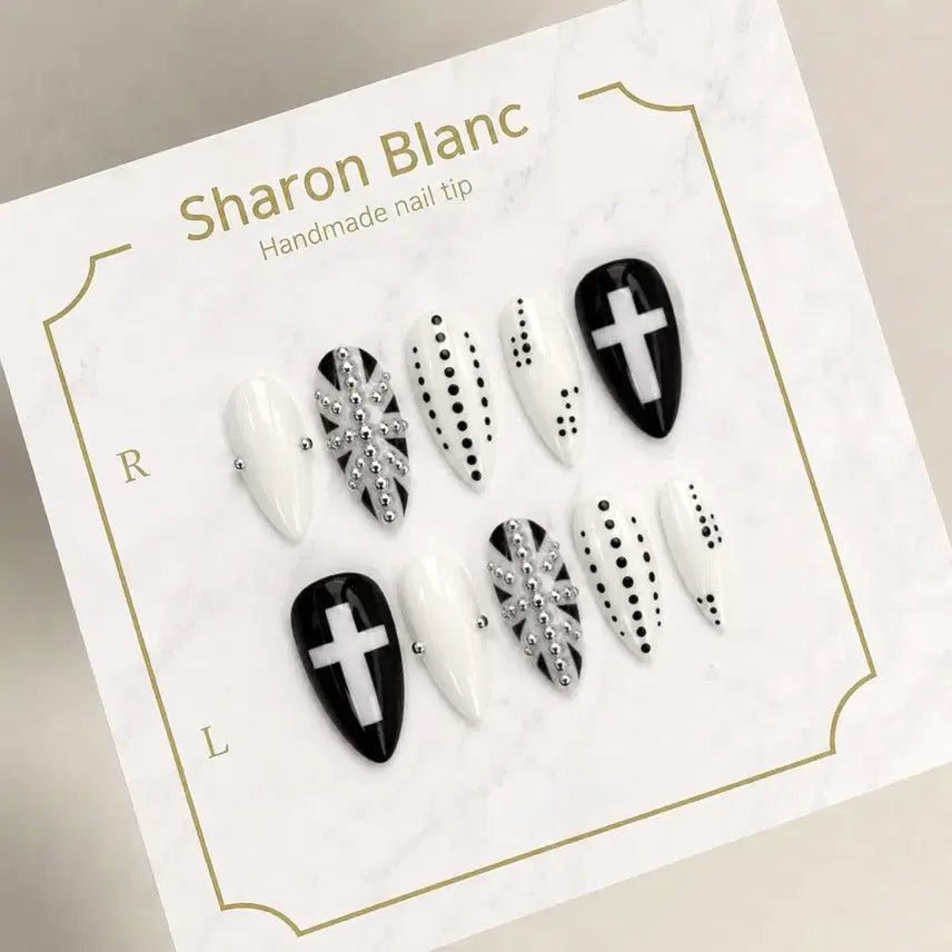 [BUNJANG] Silver Ball Cross Dot Nail Tips - 15 Shapes / 실버볼 십자가 도트 네일팁 / 15종 쉐입