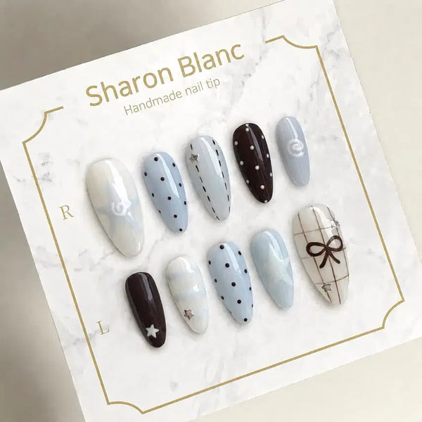 [BUNJANG] Sharon Blanc Vintage Blue Nail Tips (15 Shapes) / 빈티지 블루 네일팁 / 15종 쉐입