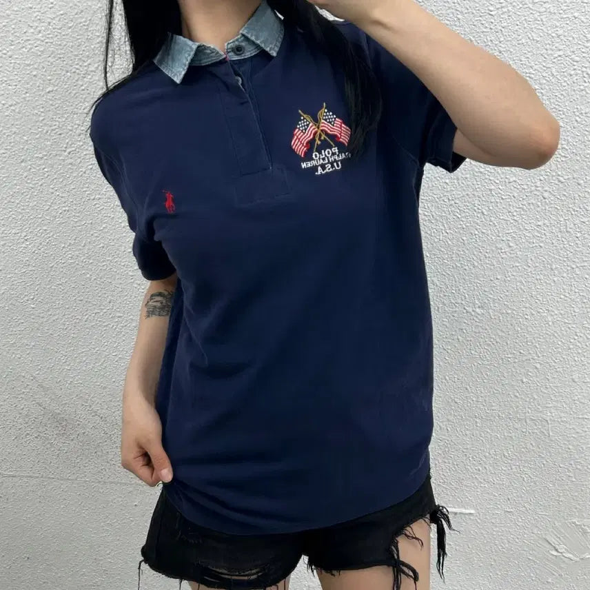 [BUNJANG] Polo Ralph Lauren Navy Red Pony Flag Logo Polo Shirt M / 폴로 랄프로렌 레드포니 성조기로고 네이비 pk티 M