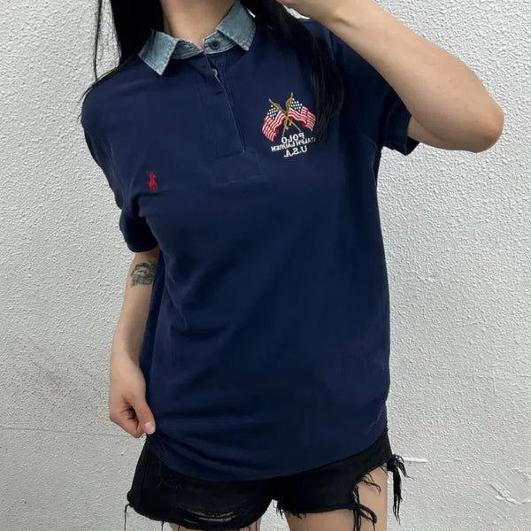 [BUNJANG] Polo Ralph Lauren Navy Red Pony Flag Logo Polo Shirt M / 폴로 랄프로렌 레드포니 성조기로고 네이비 pk티 M