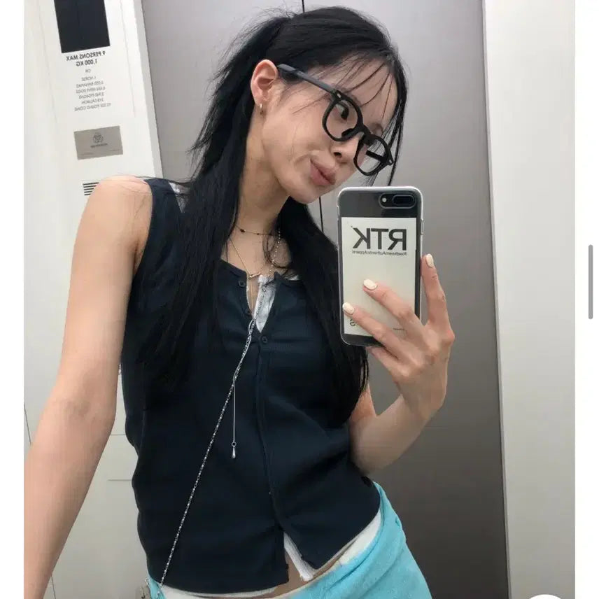 [BUNJANG] Litkim Button Sleeveless Navy / 릿킴 버튼 슬리브리스