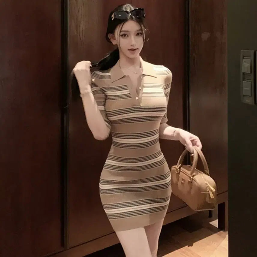 [BUNJANG] Slim Fit Collar Neck Ribbed Knit Stripe Mini Dress / 슬림핏 카라넥 골지 니트 스트라이프 미니원피스