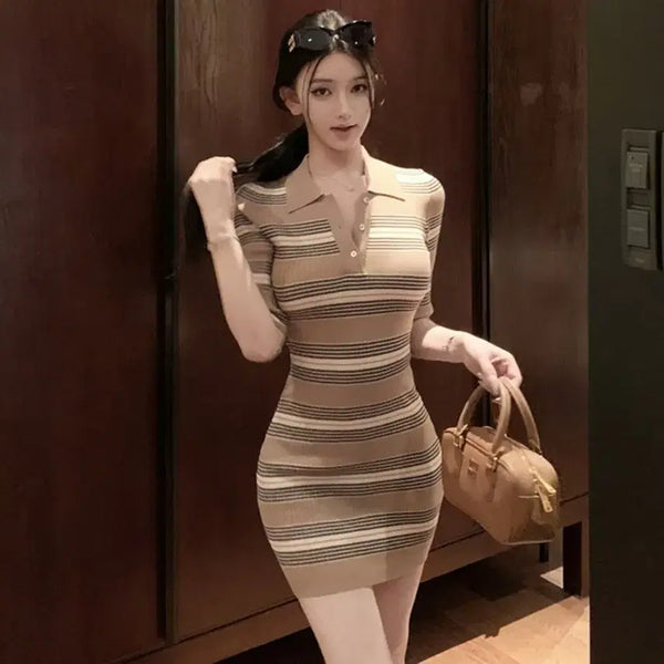 [BUNJANG] Slim Fit Collar Neck Ribbed Knit Stripe Mini Dress / 슬림핏 카라넥 골지 니트 스트라이프 미니원피스