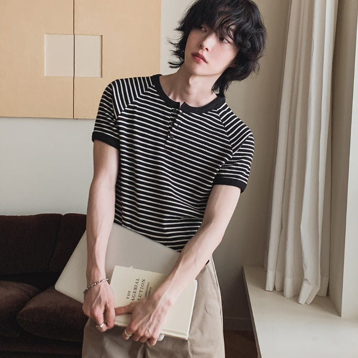 [BUNJANG] 2PLAN Holden Stripe Ribbed Henley Ringer T-Shirt Black / 투플랜 홀든 스트라이프 골지 헨리넥 링거 반팔티 알렌느 코시하루