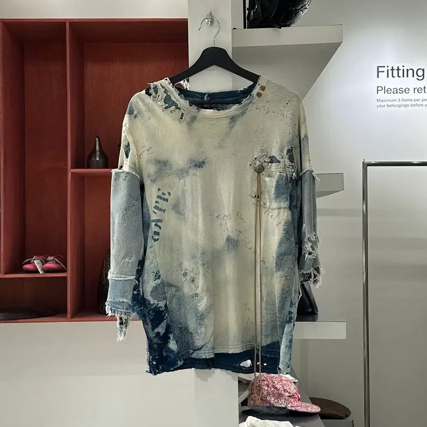 [BUNJANG]  Kapital Ivory Blue Grunge Detail T-Shirt / 케피탈 아이보리 블루 그런지 디테일 티셔츠