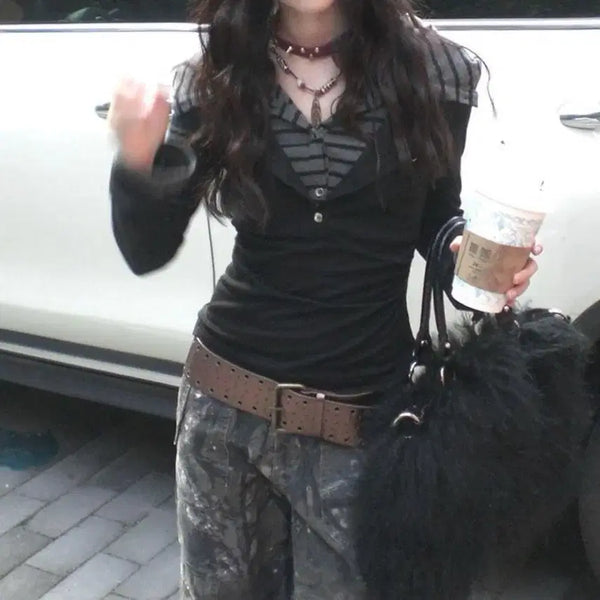 [BUNJANG] Layered Black Long Sleeve T-Shirt Top / 레이어드 블랙 긴팔슬리브 티셔츠 상의 탑