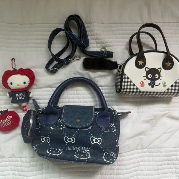 [BUNJANG] Miniso x Hello Kitty Denim Tote Bag with Choco Cat Charm / 미니소 헬로키티 데님 토트백 초코캣 가방