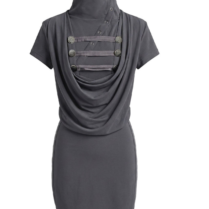 [BUNJANG] SKISM Inducing Diagonal Hussar Cowl One-Piece Dress Charcoal / 스키즘인듀싱 다이애그널 허슬 카울 원피스 차콜