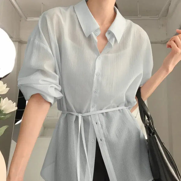 [BUNJANG] SAEK Lee Summer Tencel Stripe Blouse (Sky Blue) / 사색 이엘 여름 텐셀 스트라이프 셔츠 블라우스 (스카이블루)