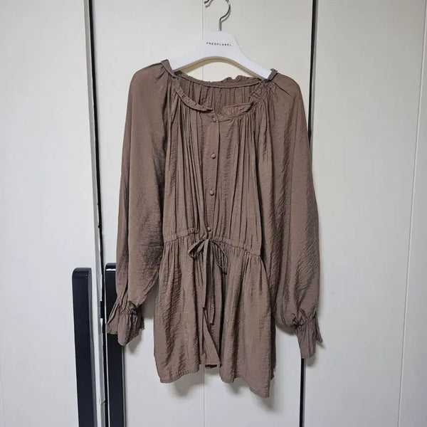 [BUNJANG] Brown Ruched Shirring Waist String Blouse / [새상품] 브라운 주름 셔링 허리 스트링 블라우스
