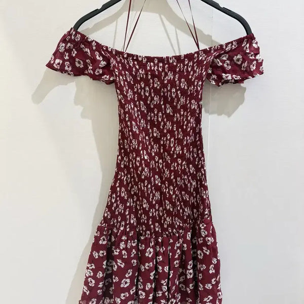 [BUNJANG] Zara Floral Smoke Off-Shoulder Mini Dress Burgundy XS / 자라 플라워 스모크 오프숄더 미니원피스 버건디 XS 1회착용