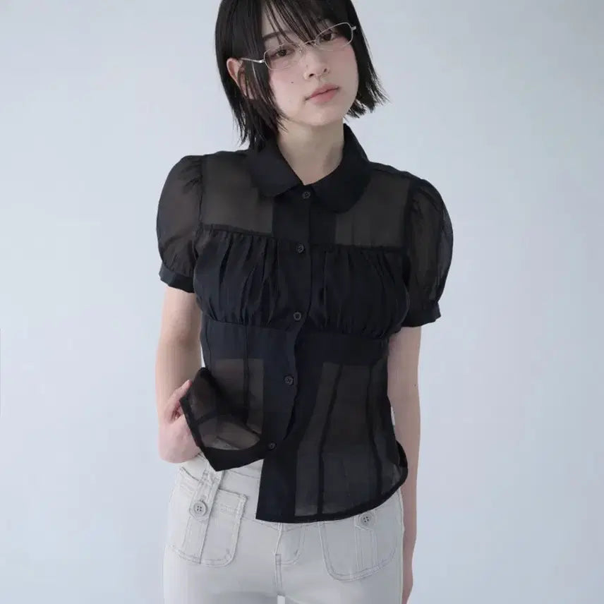 [BUNJANG] Mireco Shirring Sheer Blouse - Black / 미레코 블라우스 SHIRRING SHEER BLOUSE BLACK
