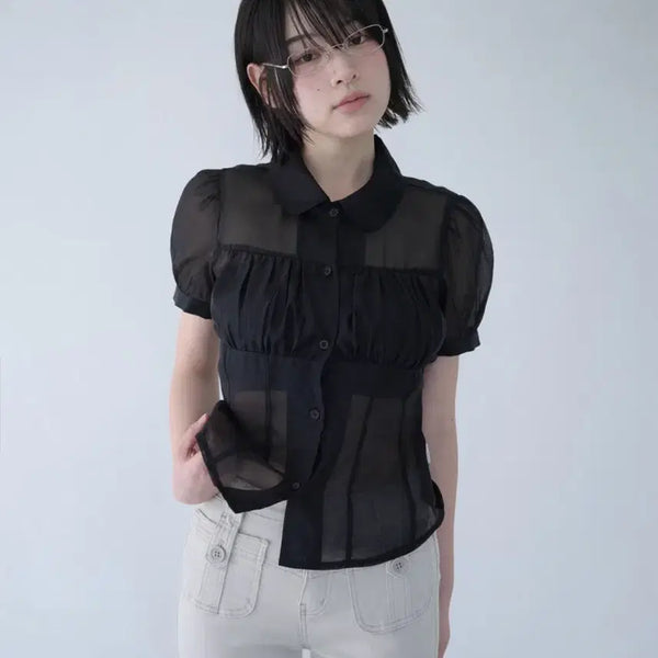 [BUNJANG] Mireco Shirring Sheer Blouse - Black / 미레코 블라우스 SHIRRING SHEER BLOUSE BLACK