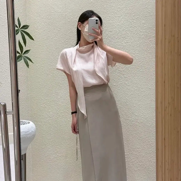 [BUNJANG] Tie Blouse - Pastel Pink Summer Short Sleeve / [새상품] 반팔 타이블라우스 연분홍 하객룩 여름블라우스