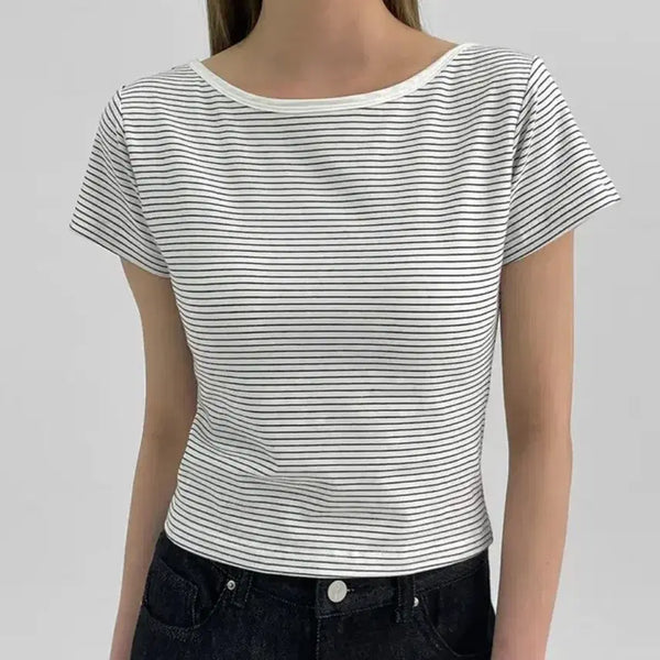 [BUNJANG] Black Up Striped Backless Short Sleeve T-Shirt with Built-in Bra - Size S / (새상품) 블랙업 캡내장 스트라이프 백리스반팔티 S