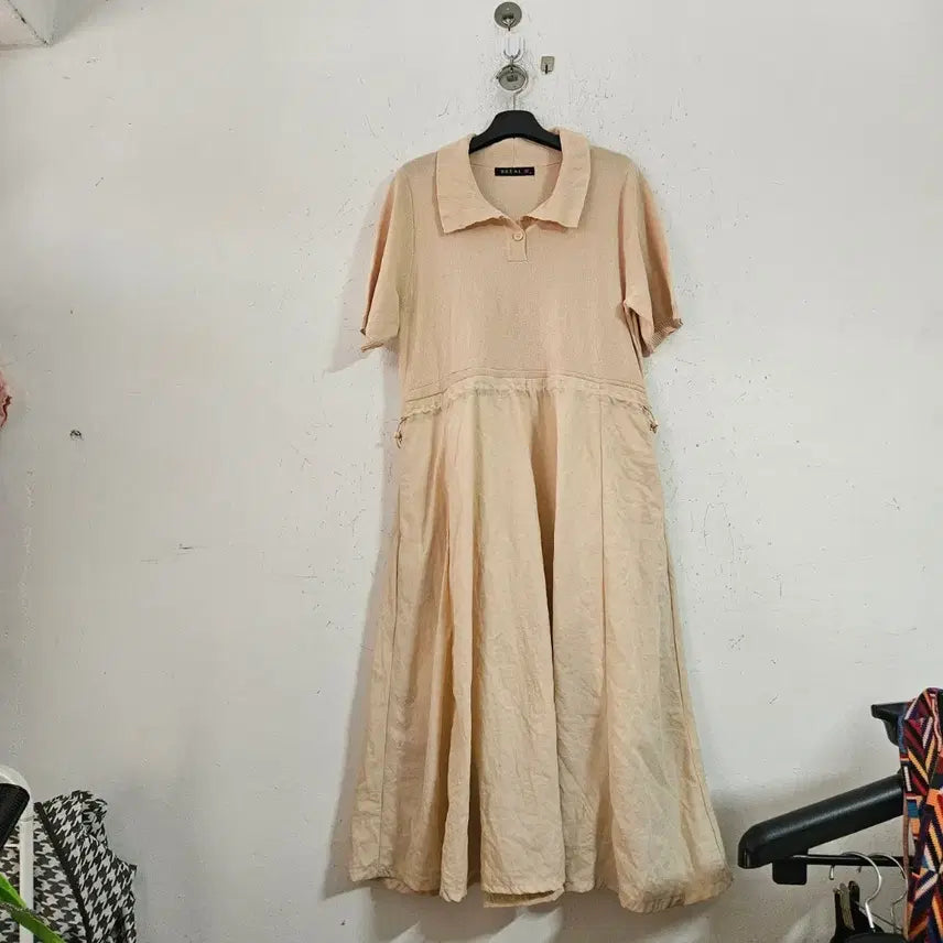 [BUNJANG] Beige Short-Sleeve Collar Dress / [브랜드명 불명] 베이지색 반팔 카라 원피스