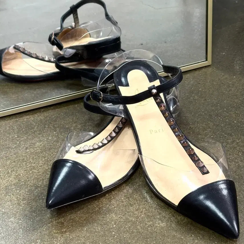 [BUNJANG] Christian Louboutin Black Leather & Clear Panel Studded Strap Ballet Flats / 크리스찬 루부탱 플랫 슈즈 블랙