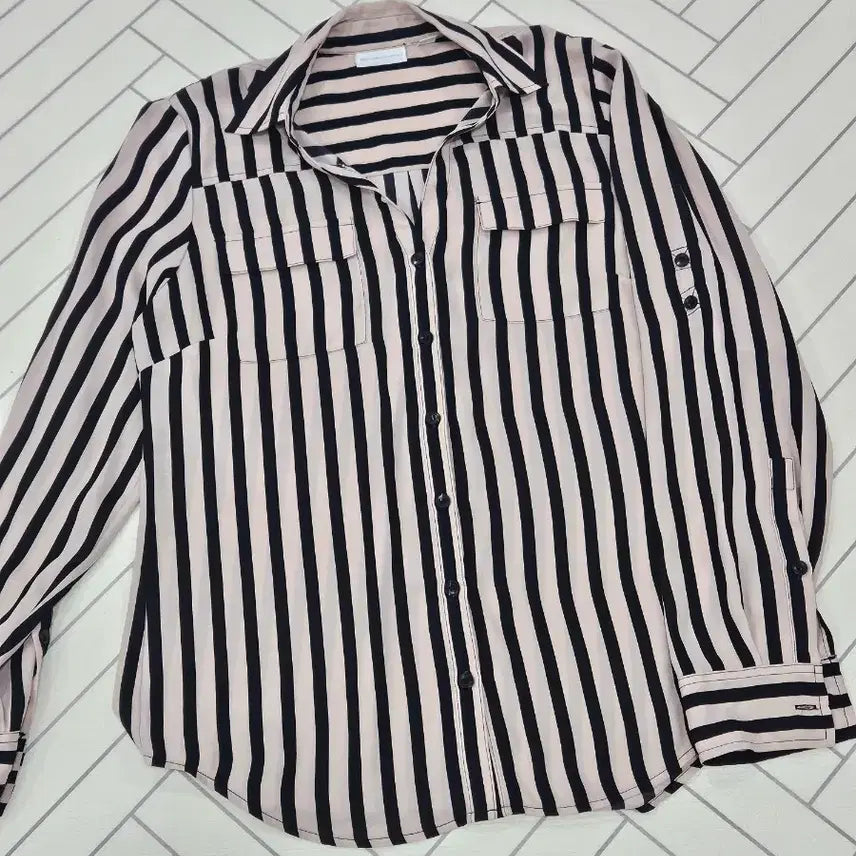 [BUNJANG] New York & Company Women's Size M Striped Roll-Up Sleeve Linen Shirt / 뉴욕앤컴퍼니 여자 M 시원한 여름 롤업 긴팔셔츠