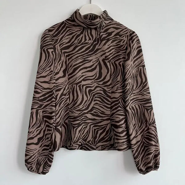 [BUNJANG] PAVOT Collection Zebra Pattern High Neck Blouse / PAVOT Collection 지브라 패턴 하이넥 브라운 블라우스