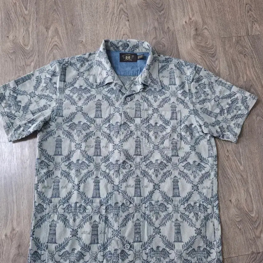 [BUNJANG] RRL Indigo Wayne Lighthouse Eagle Pattern Camp Shirt / M RRL 인디고 웨인 등대 독수리 패턴 캠프 셔츠