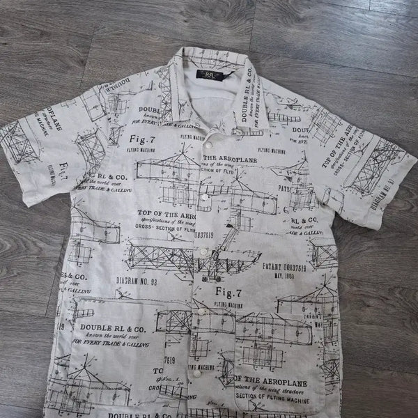 [BUNJANG] RRL Airplane Print Linen Camp Shirt (M) / M 더블알엘 에어플레인 프린트 린넨 캠프 셔츠