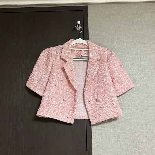 [BUNJANG] Women's Cropped Tweed Jacket with Shoulder Puffs - Pink / [Free]여성 크롭 트위드 어깨퍼프 숏자켓/핑크/한번 착용