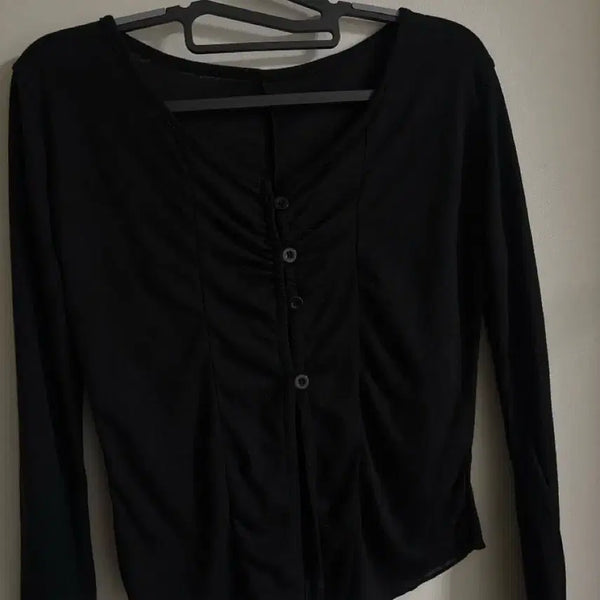 [BUNJANG] Black Shirring Long Sleeve Top / 블랙 셔링 롱슬리브 탑