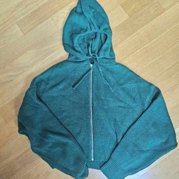 [BUNJANG] Olive Green Knit Zip-Up Hoodie / 니트 집업 후드 초록색 올리브 데일리룩