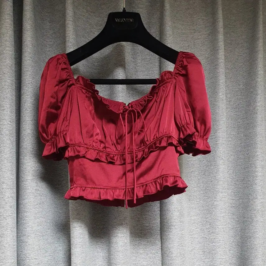 [BUNJANG] Palejade Ethnic Back Zipper Satin Puff Blouse XS-S / palejade페일제이드 에스닉후면지퍼 퍼브프릴새틴 퍼프 블라우스xs~s
