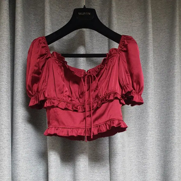 [BUNJANG] Palejade Ethnic Back Zipper Satin Puff Blouse XS-S / palejade페일제이드 에스닉후면지퍼 퍼브프릴새틴 퍼프 블라우스xs~s